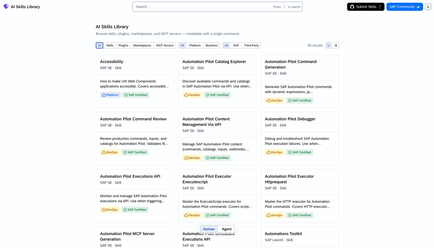 AI Skills Library homepage showing the search bar and filter buttons