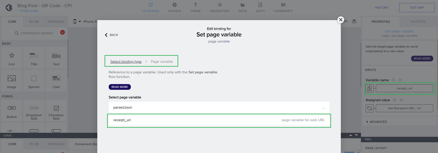 Bind Receipt URL to the page variable