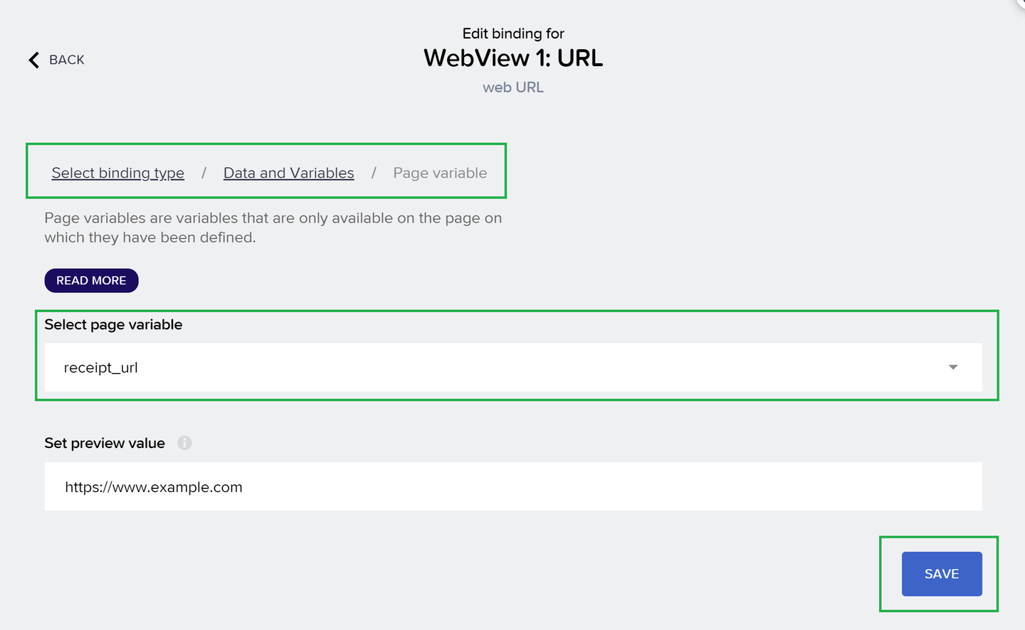 Link the receipt url page variable to the WebView component