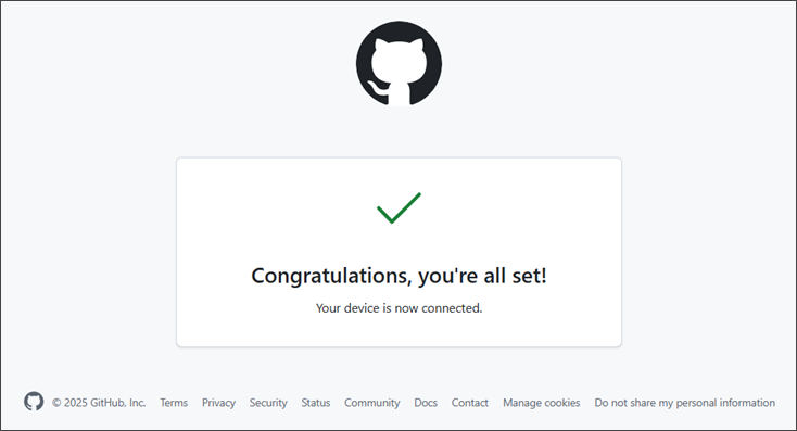 GitHub confirmation page showing Congratulations, you’re all set and Your device is now connected