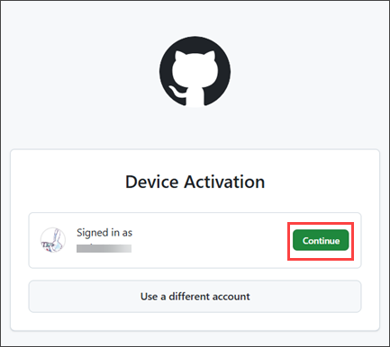 GitHub Device Activation page with Continue button highlighted