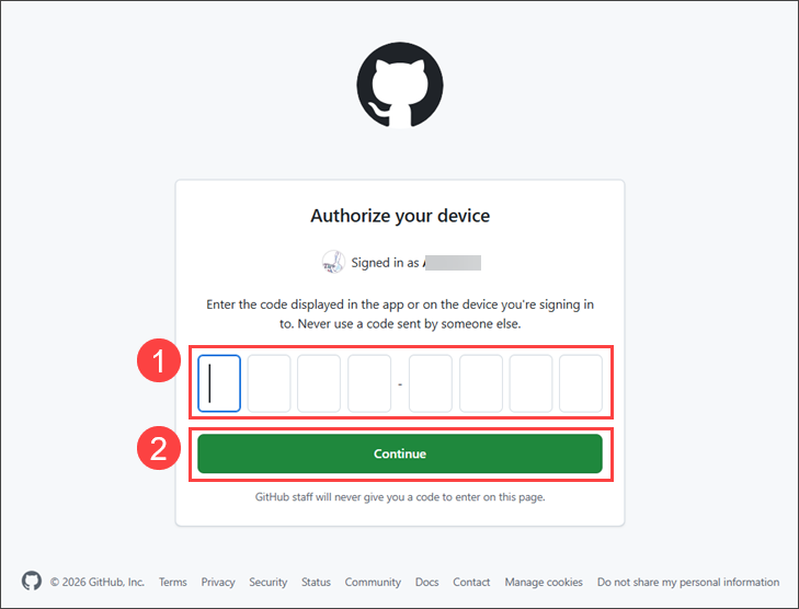 GitHub Authorize your device page with the code input field and Continue button highlighted