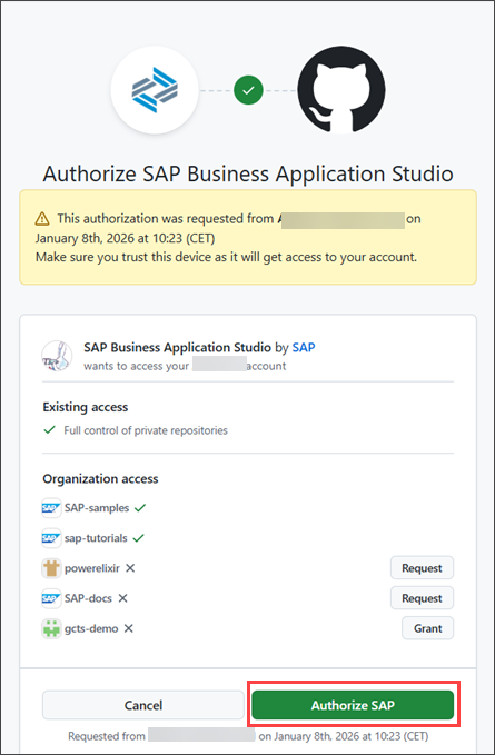 GitHub Authorize SAP Business Application Studio page with Authorize SAP button highlighted
