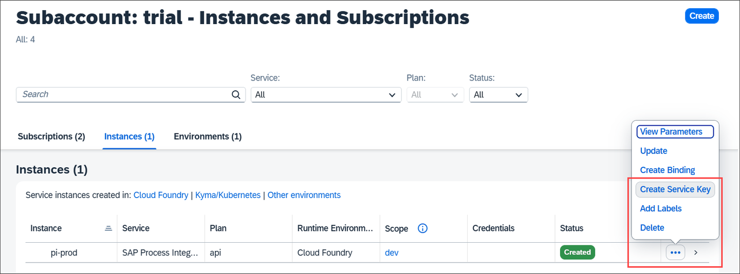 Create Service Key 1
