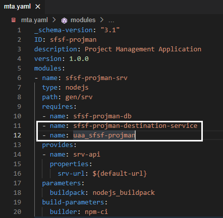 Figure 14 โ Bind destination and xsuaa instances to CAP service