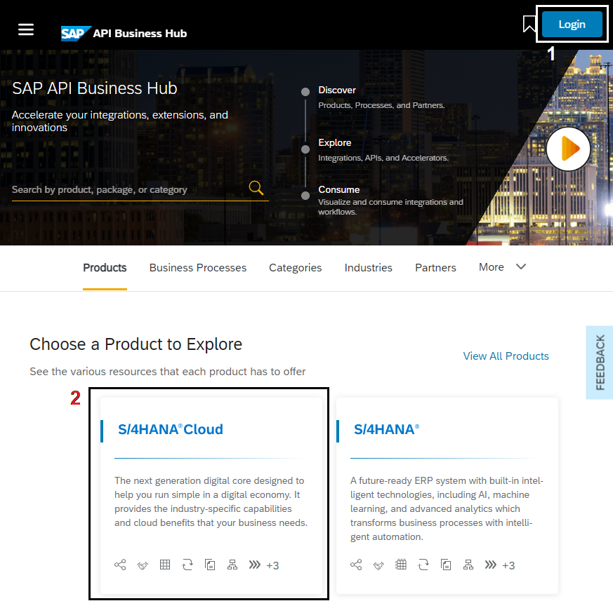 Figure 2 โ Login to SAP API Business Hub and access S/4HANA Cloud section