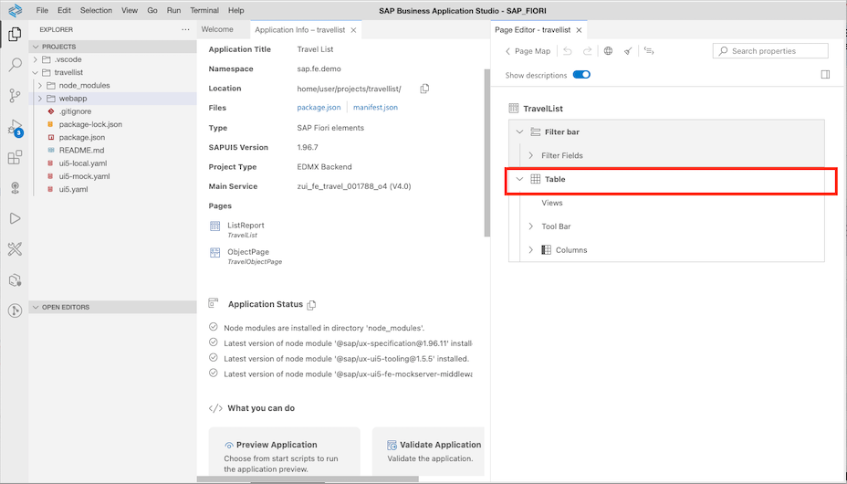 Click on table in page editor