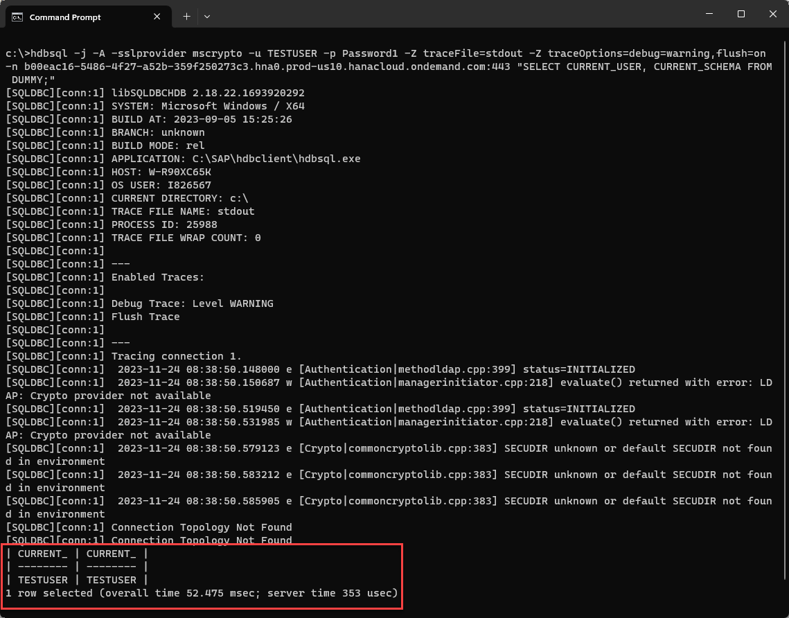 successful connection with user and password authentication