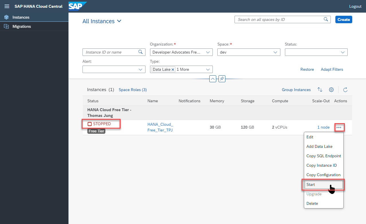 HANA Cloud stopped