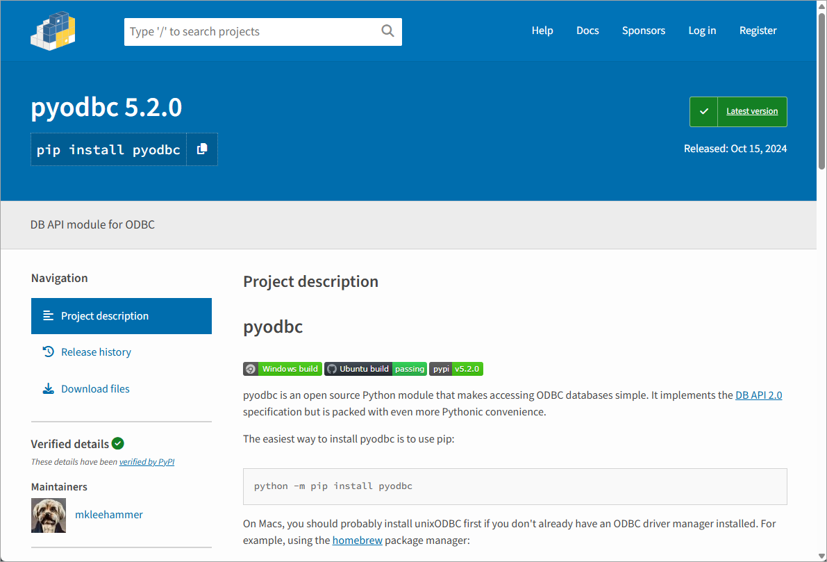 pyodbc on PyPI