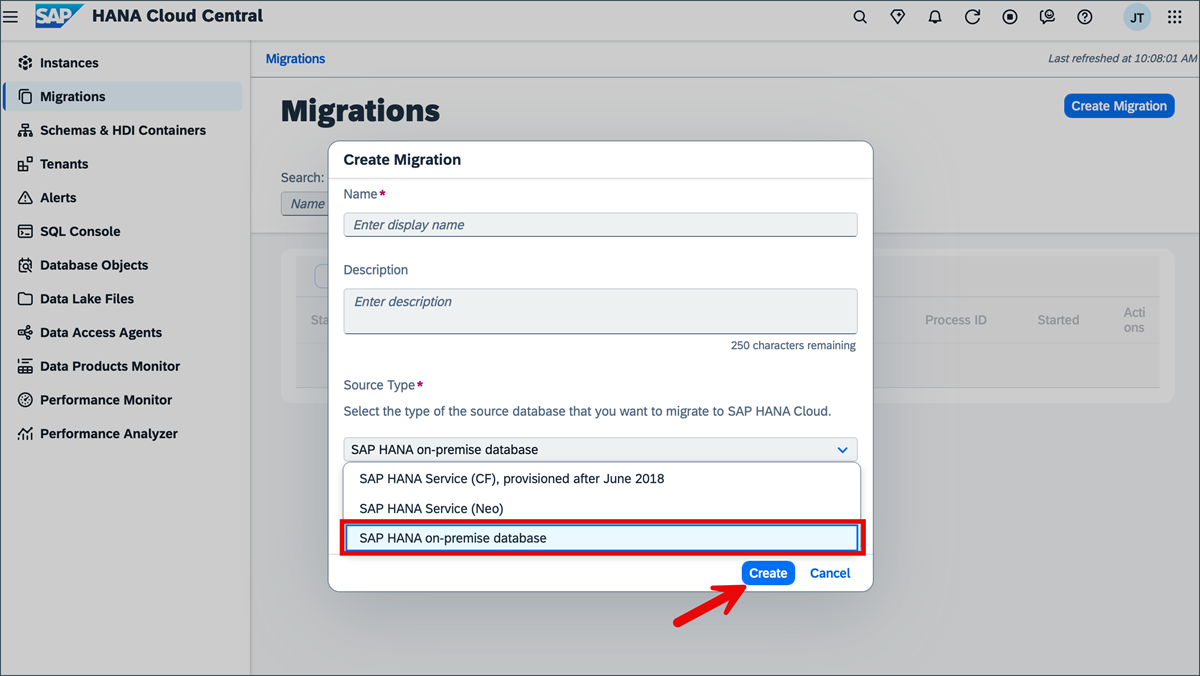 create migration dialog