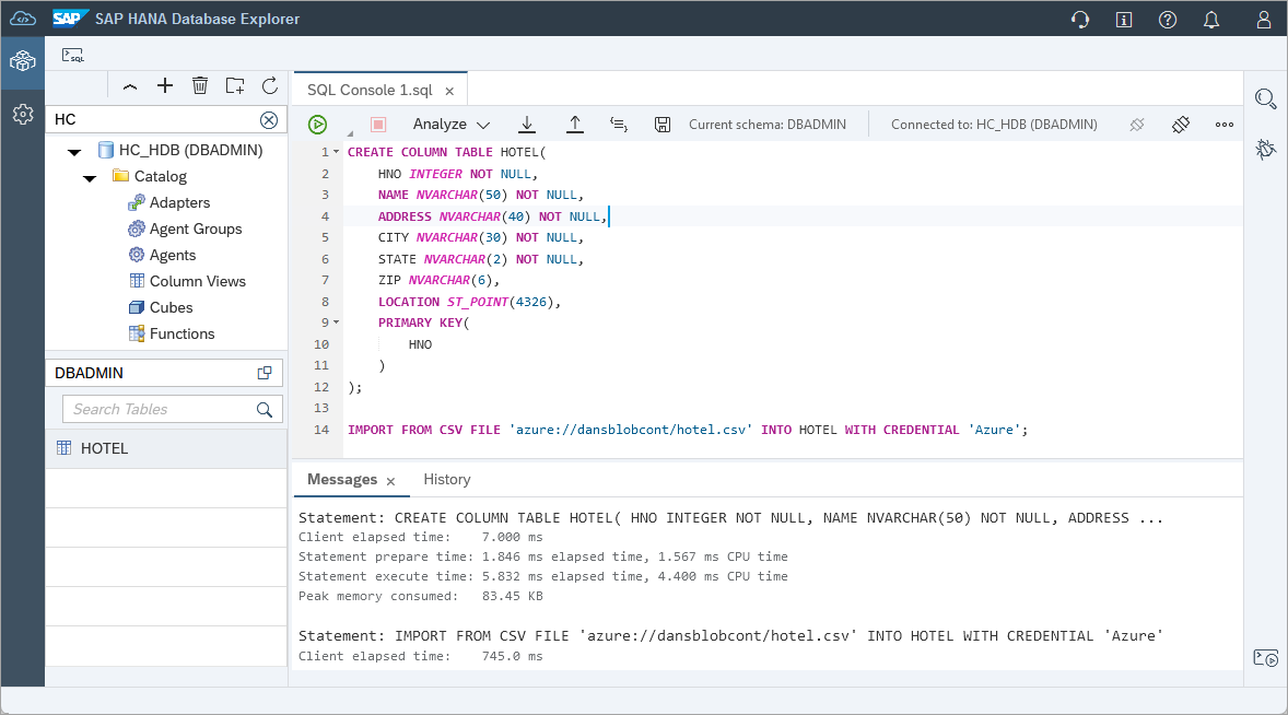 create table and import data
