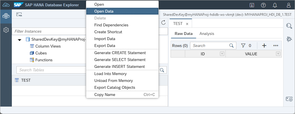 open data in the SAP HANA database explorer