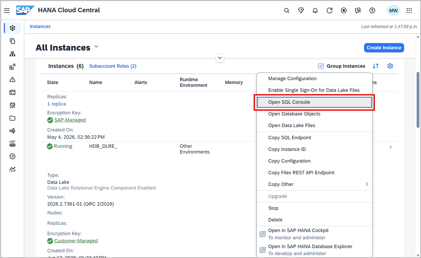 Open SQL console in HCC