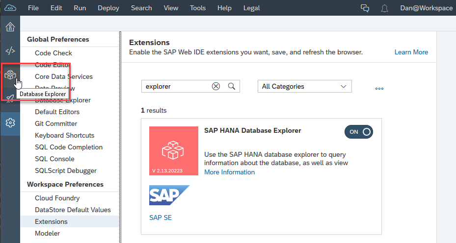 opening the SAP HANA database explorer from the SAP Web IDE