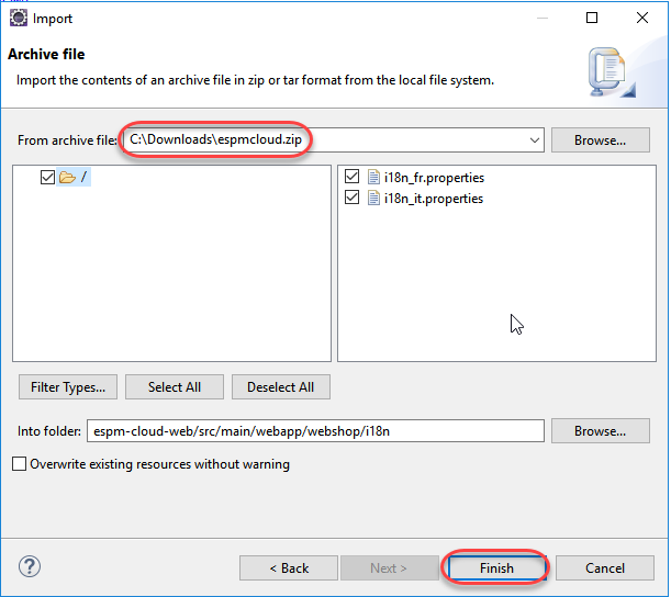 Select zip file to import