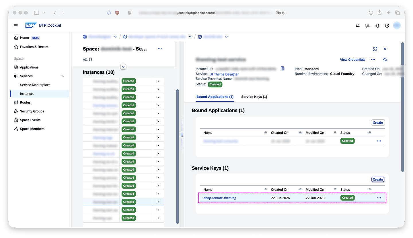 1.5: BTP Cockpit - CF theming service instance with service key