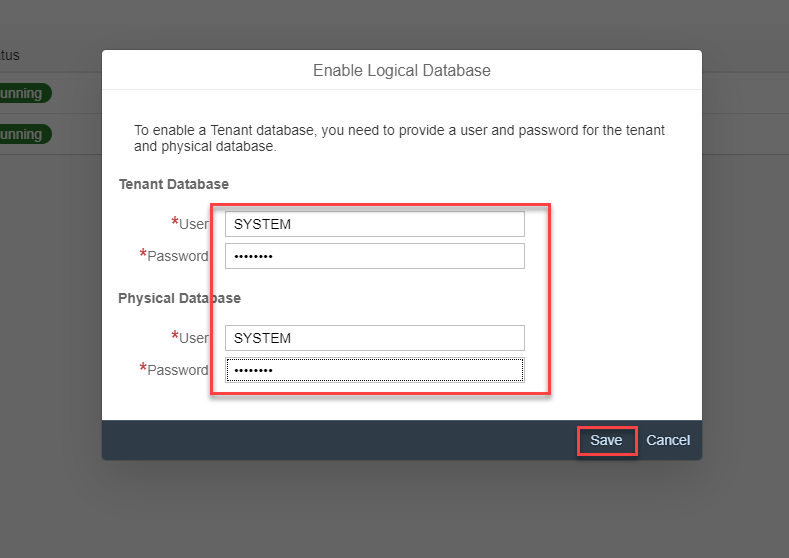 Tenant database credentials