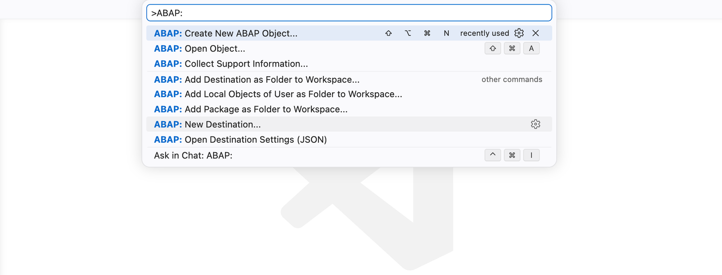 ADT Extension installed — ABAP commands visible in Command Palette