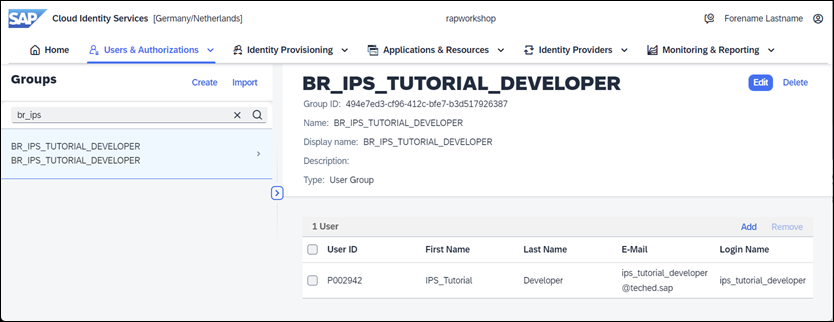 List entry for user in group