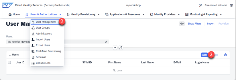Open User Management in SAP Cloud Identity Services tenant and Press Add button for new user