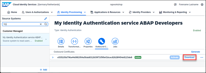 Download certificate of source system