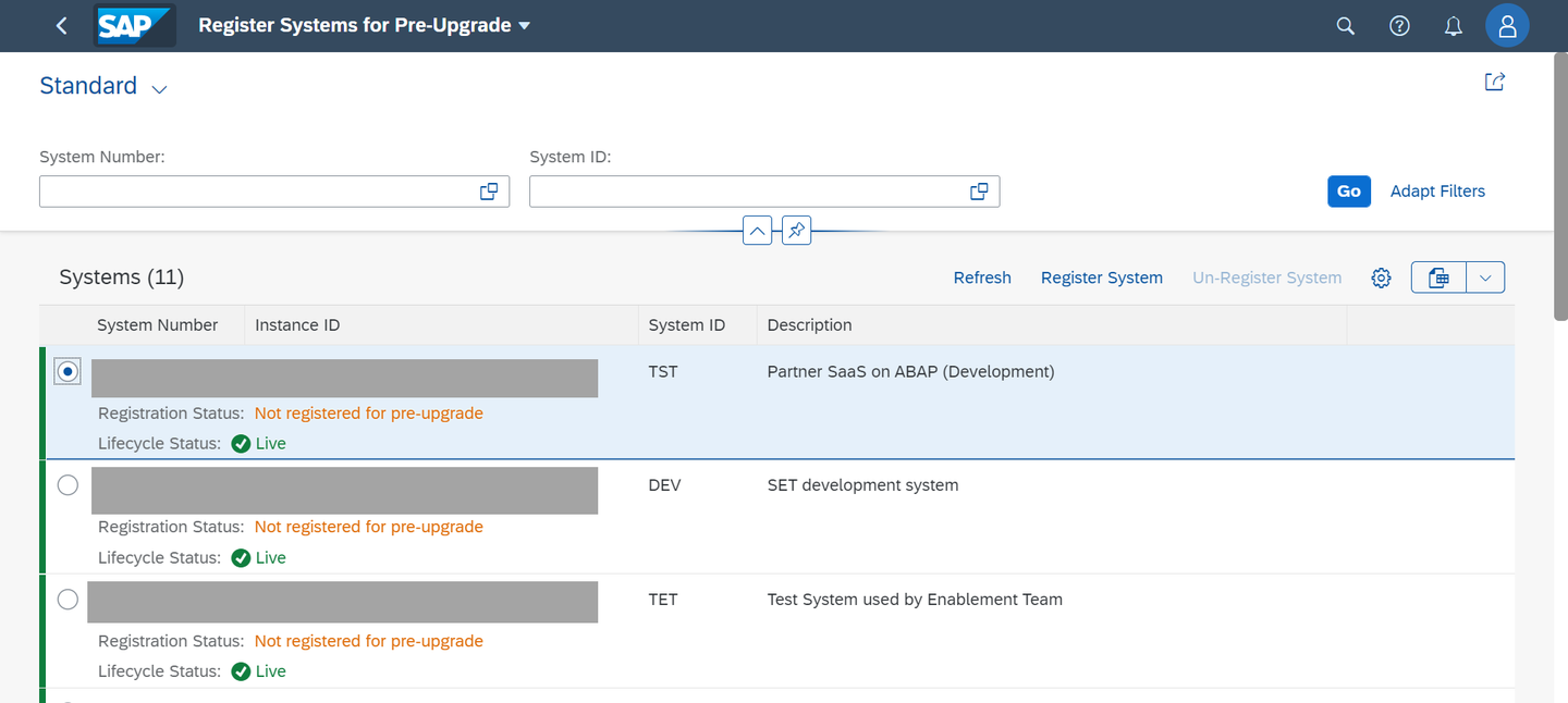 Register System For Pre-upgrade