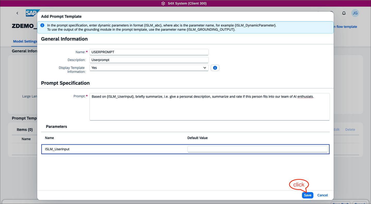 Configure a template for the user prompt