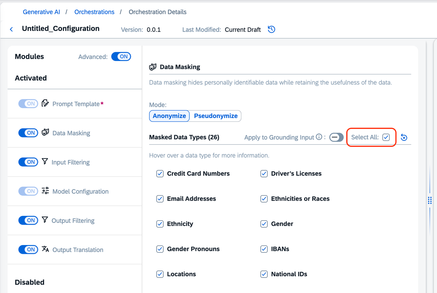 Data masking module configuration