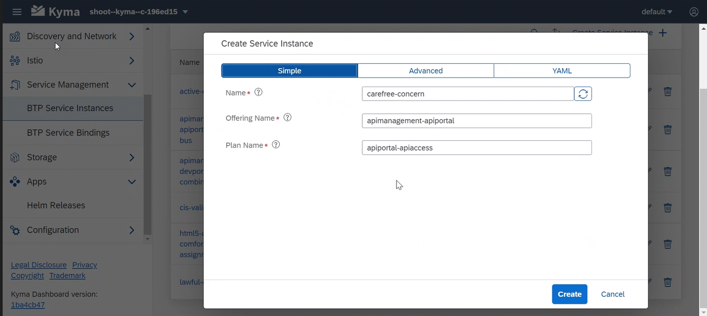 Create Service Instance dialog