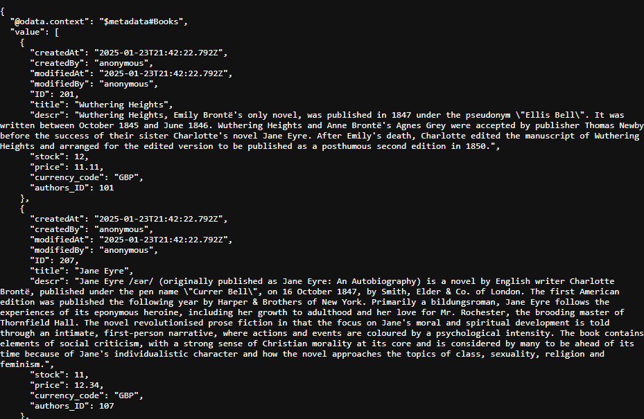 The sample data returned by the locally running service.