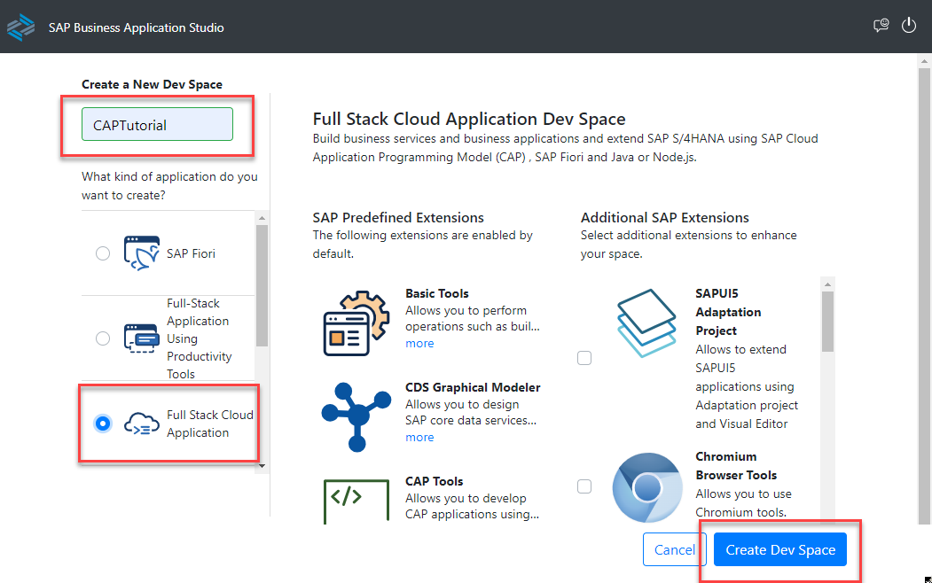 Shows the selection of available dev spaces, as well as their predefined and additional extensions.