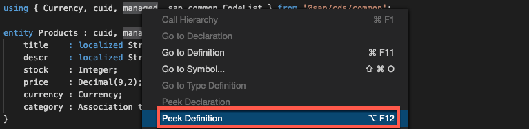 right-click to peek definition information