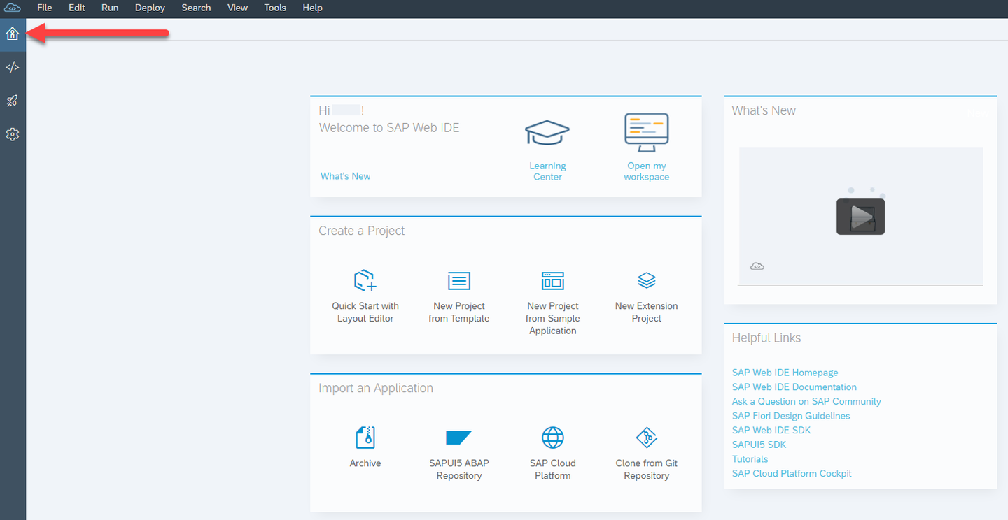 SAP Web IDE homepage with home icon highlighted