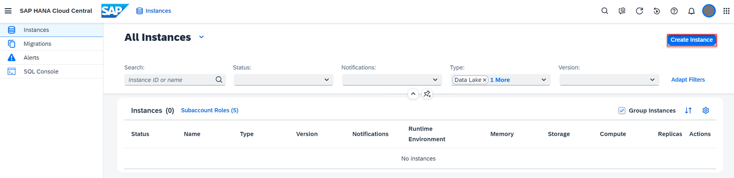 SAP HANA Cloud create instance