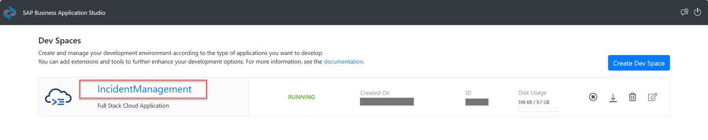 SAP Business Application Studio Create Dev Space