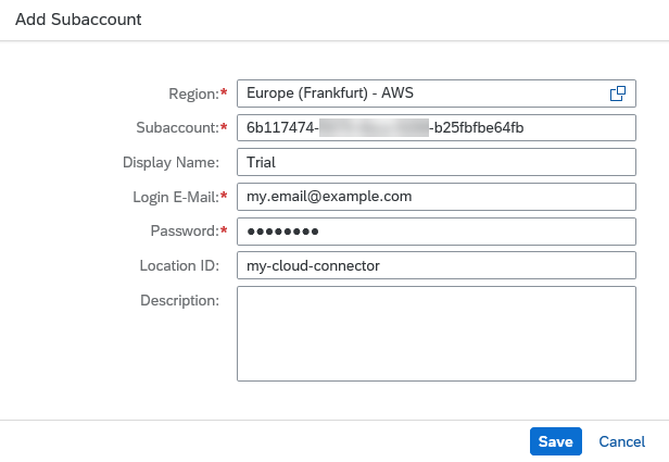 Add subaccount pop-up in the SAP Connectivity service