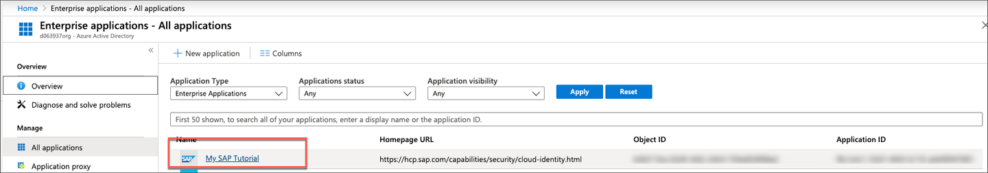 select previously created application