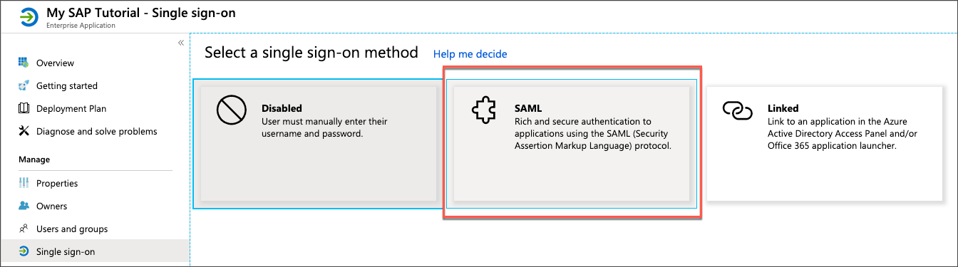 choose saml as single sign on method