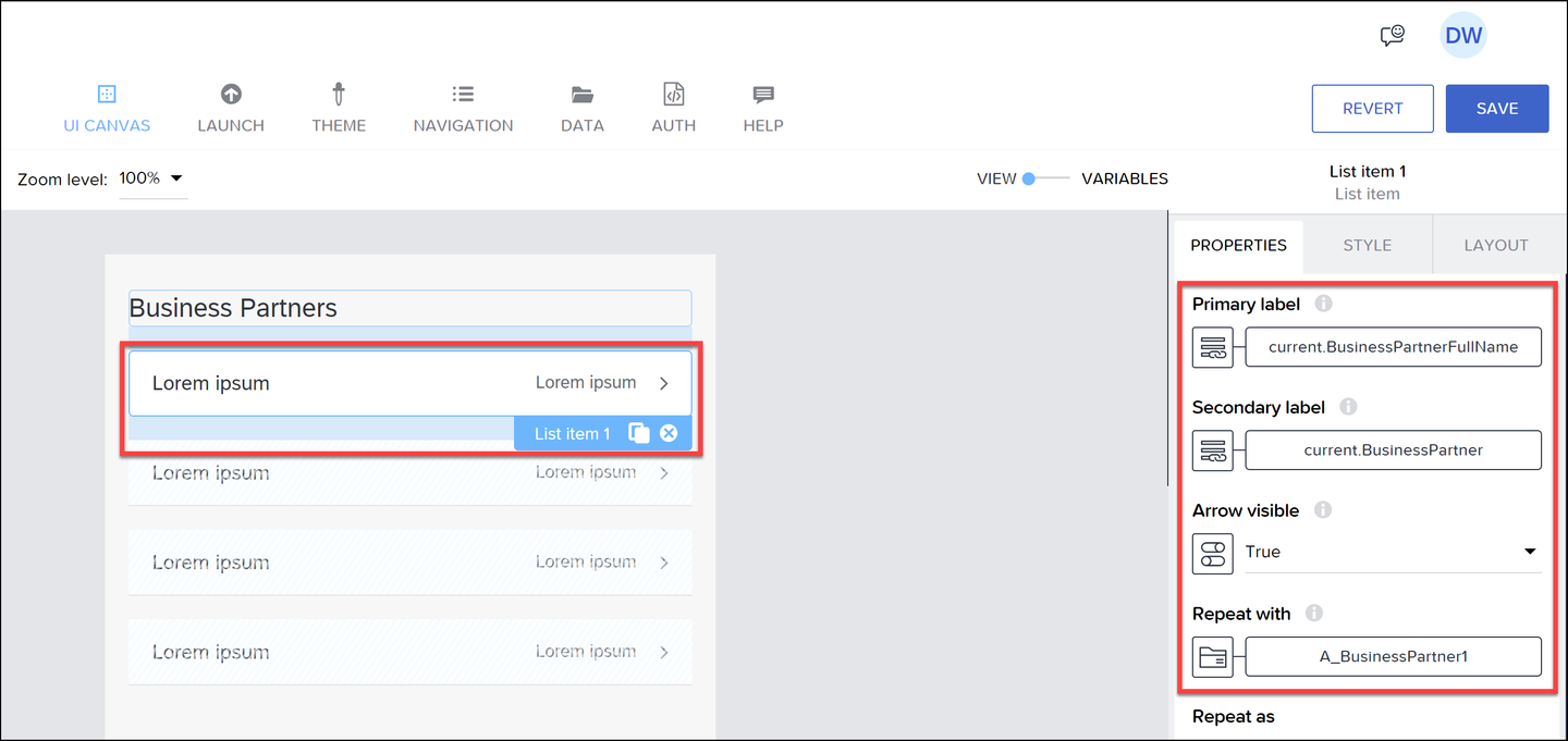 List item configuration