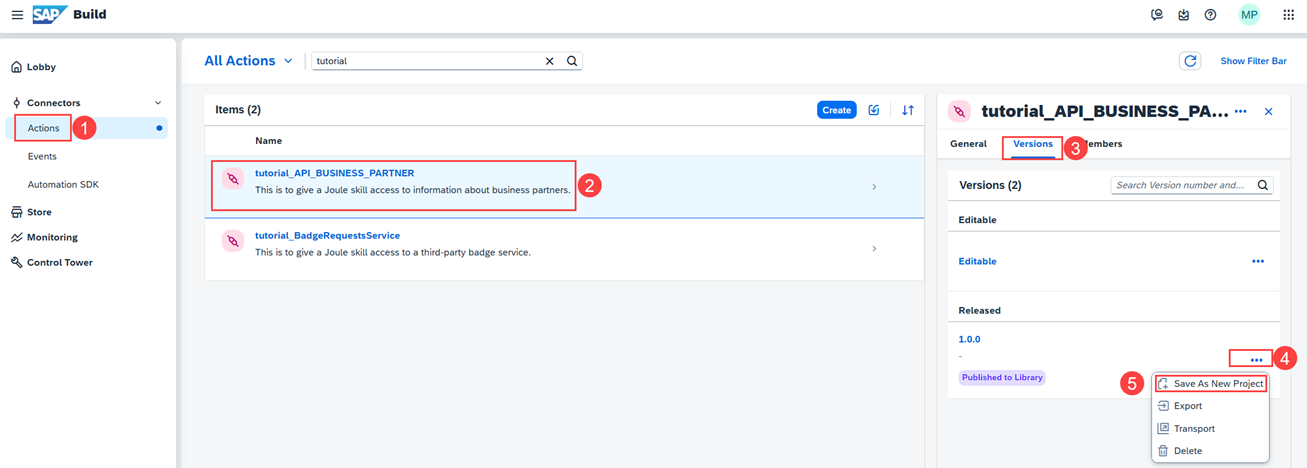 Actions save as new project