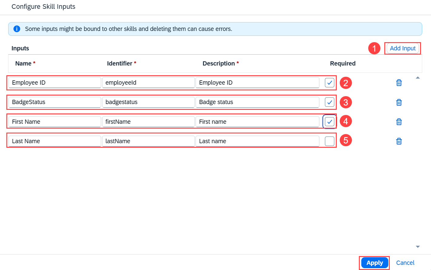 Joule Studio configure skill inputs