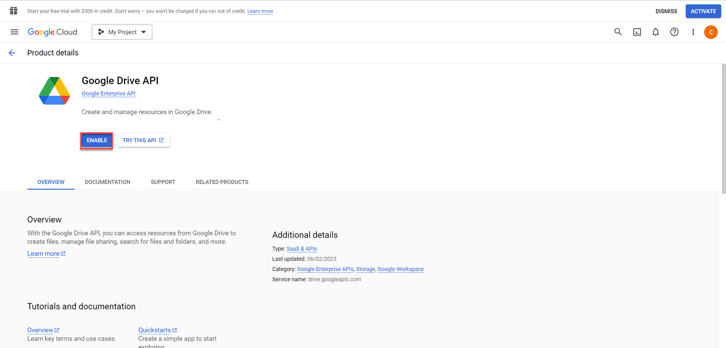 Enbable Google Drive API