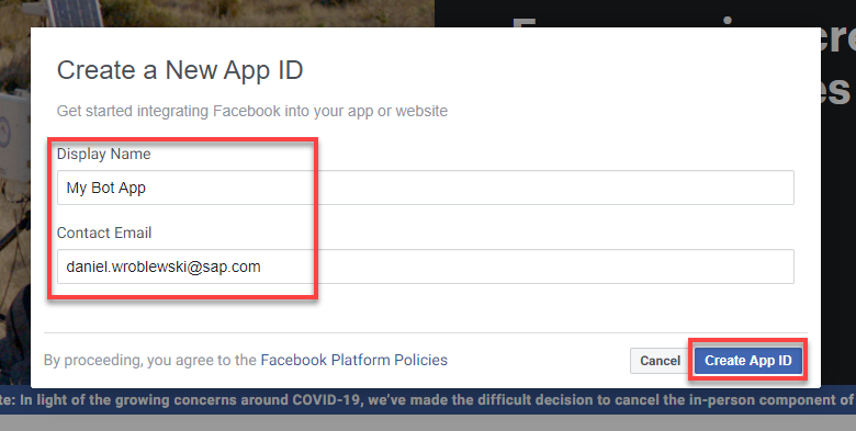 Facebook app name and email