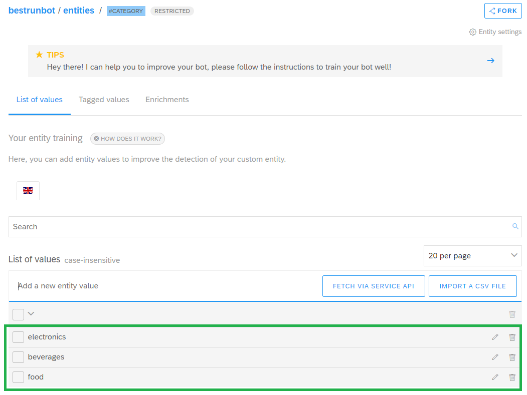 Add values to category entity