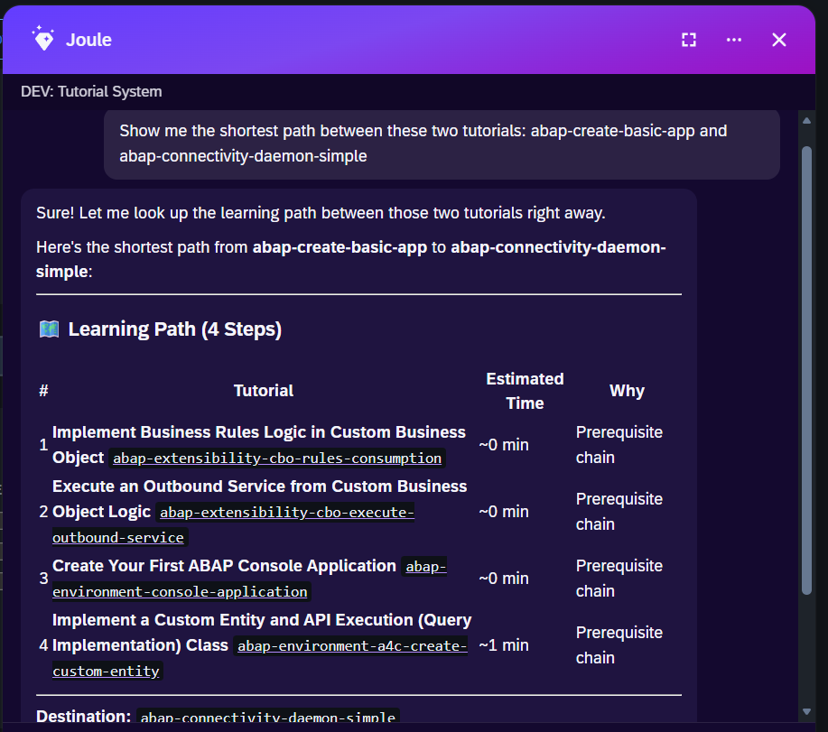 Joule chat panel showing a learning path between two tutorials with three intermediate tutorials.