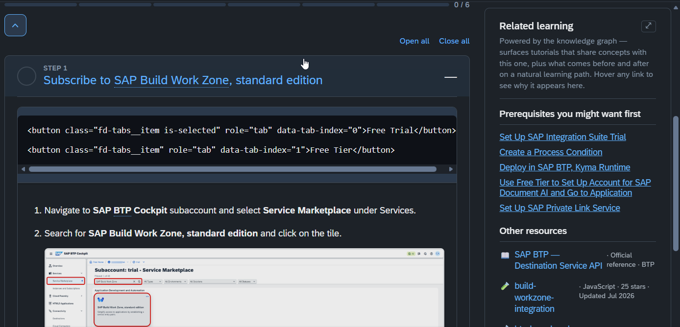A tutorial-page sidebar listing prerequisites, related tutorials, and suggested next steps.
